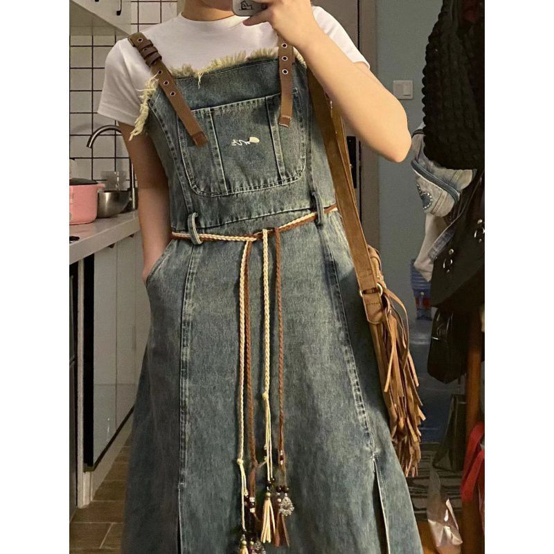 Retro Washed Raw Edge Denim Suspender Skirt - KuzuSHOP