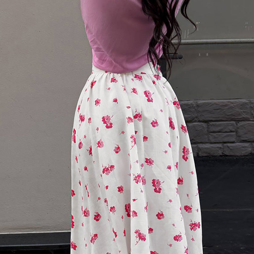 Women's Split Floral Skirt Fashionable High Waist - KuzuSHOP