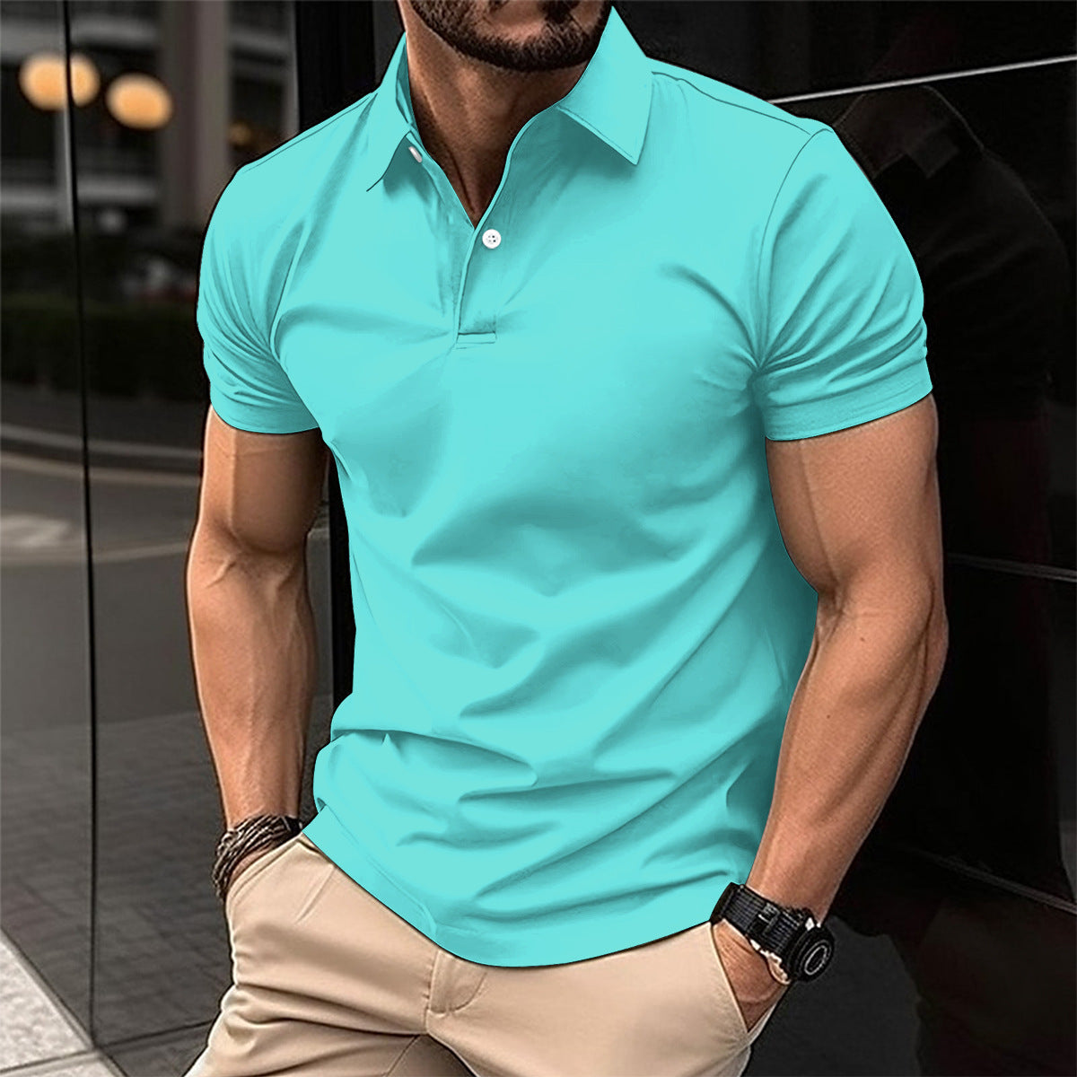 Summer Short Sleeve Polo Shirt Men Solid Color Button Lapel Button Top - KuzuSHOP