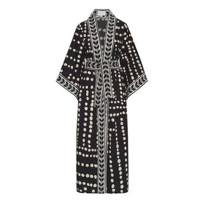 Beach Cardigan Long Sleeve Sun Protection Lace-up Printing Long Beach Wear Dress Leisure Fashion Loose Sexy Bikini Cover Up - KuzuSHOP