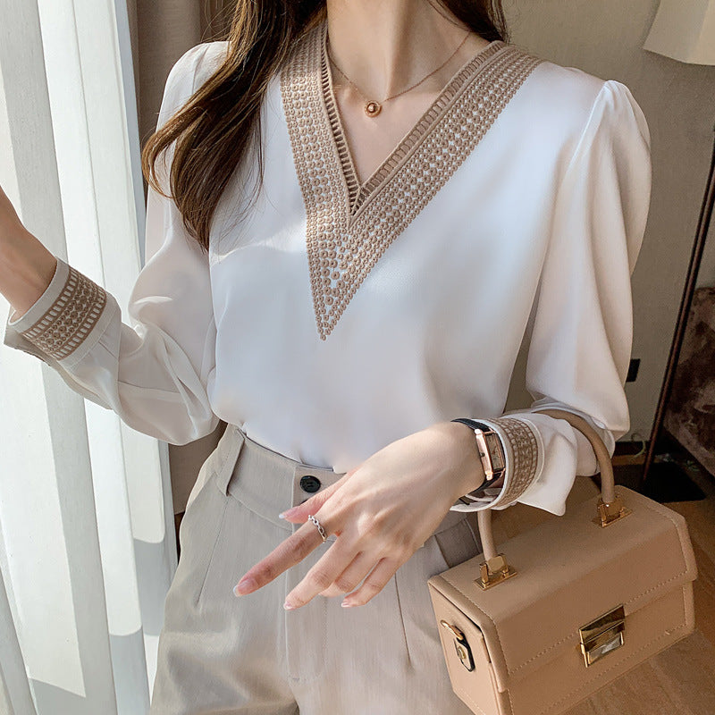 Shirt women's long-sleeved 2024 spring new fashion foreign style all-match v-neck satin chiffon top - KuzuSHOP
