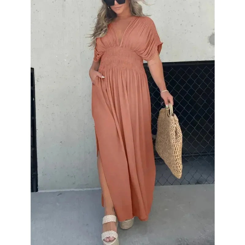 Fashion Bat-sleeved V-neck Slit Dress Summer Short Sleeve Elastic Waist Long Dresses Womens Clothing - KuzuSHOP