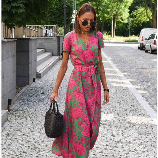 Women's summer new v-neck print tie dress - KuzuSHOP