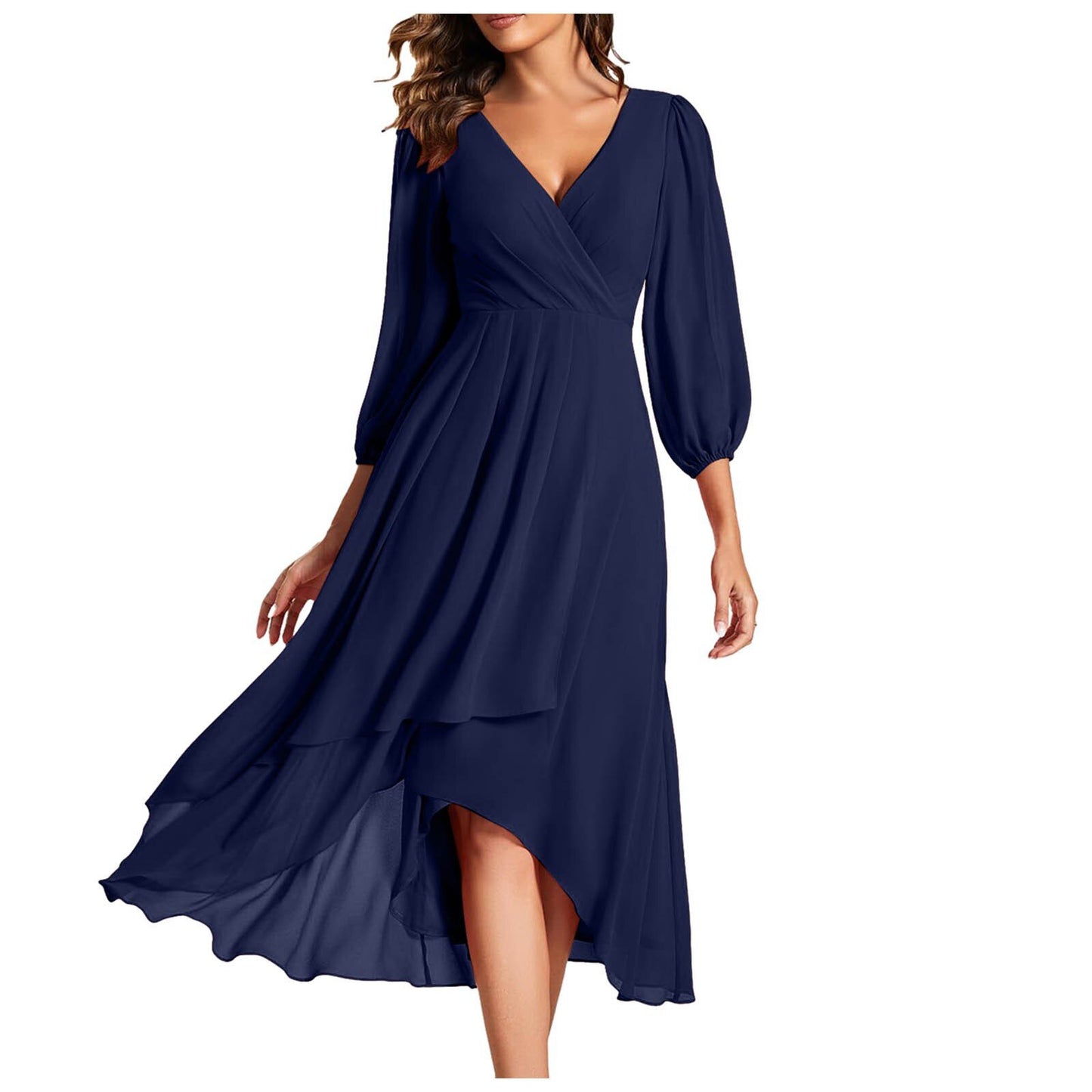 Women's V-neck Long-sleeved Dress Loose Party Evening Dress - KuzuSHOP