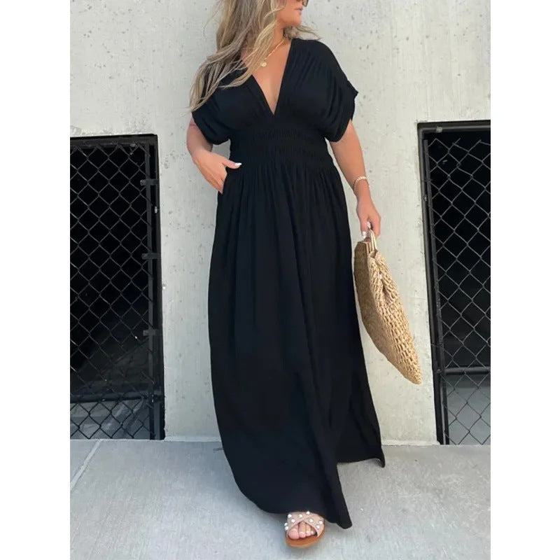 Fashion Bat-sleeved V-neck Slit Dress Summer Short Sleeve Elastic Waist Long Dresses Womens Clothing - KuzuSHOP