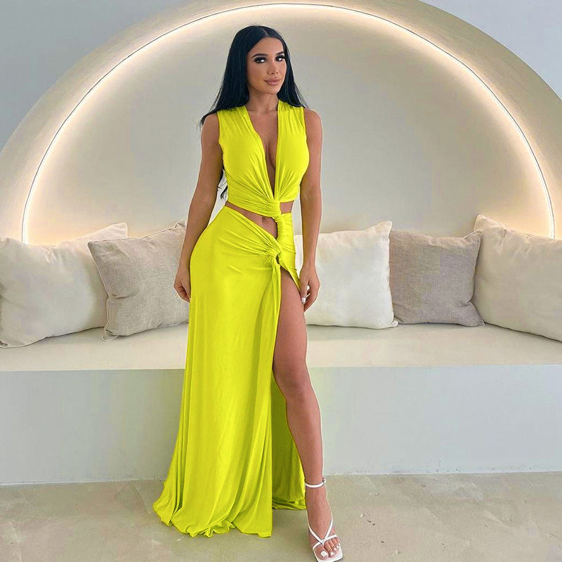 Women's Fashion Solid Color Deep V-neck Hollow-out Slim Length Dress - KuzuSHOP