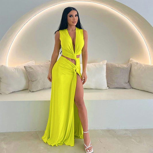 Women's Fashion Solid Color Deep V-neck Hollow-out Slim Length Dress - KuzuSHOP
