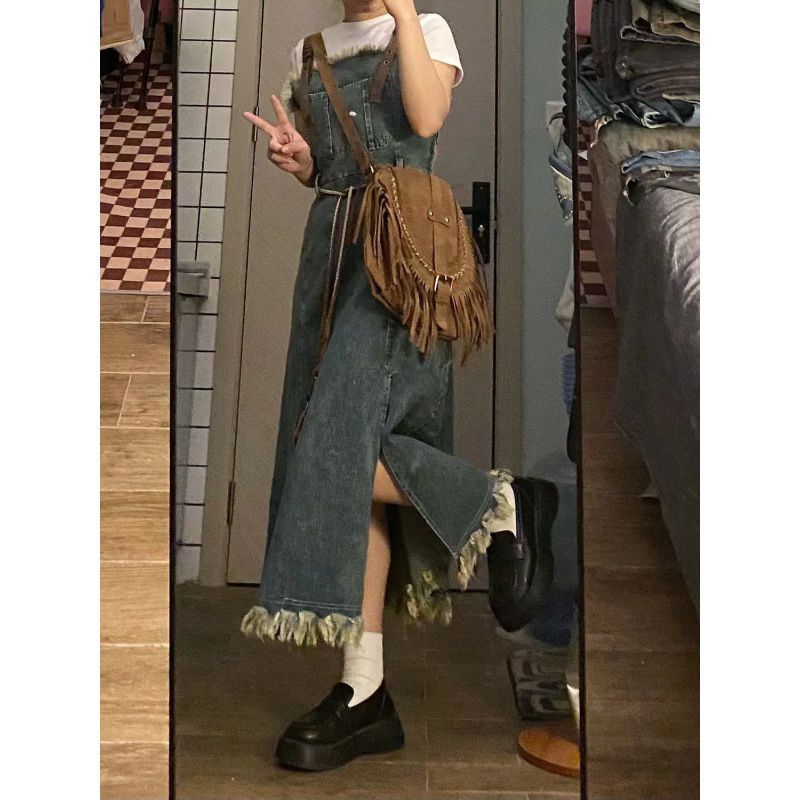 Retro Washed Raw Edge Denim Suspender Skirt - KuzuSHOP