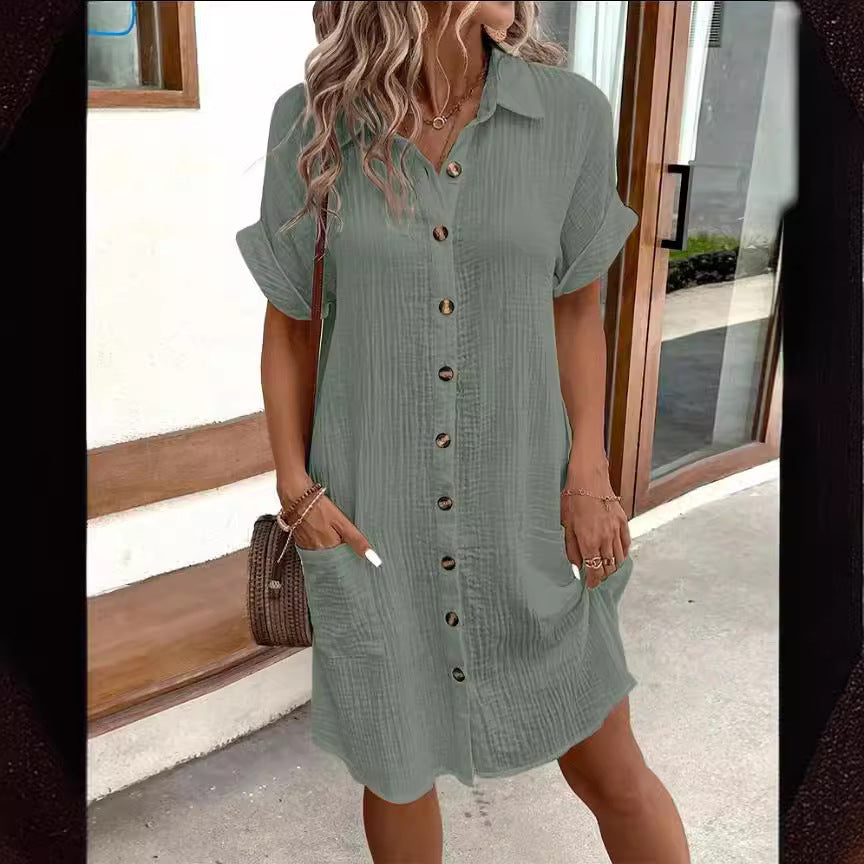 Summer Short Sleeve Shirt Dress Fashion Solid Color Single-breasted Mid-length Loose Dress - KuzuSHOP