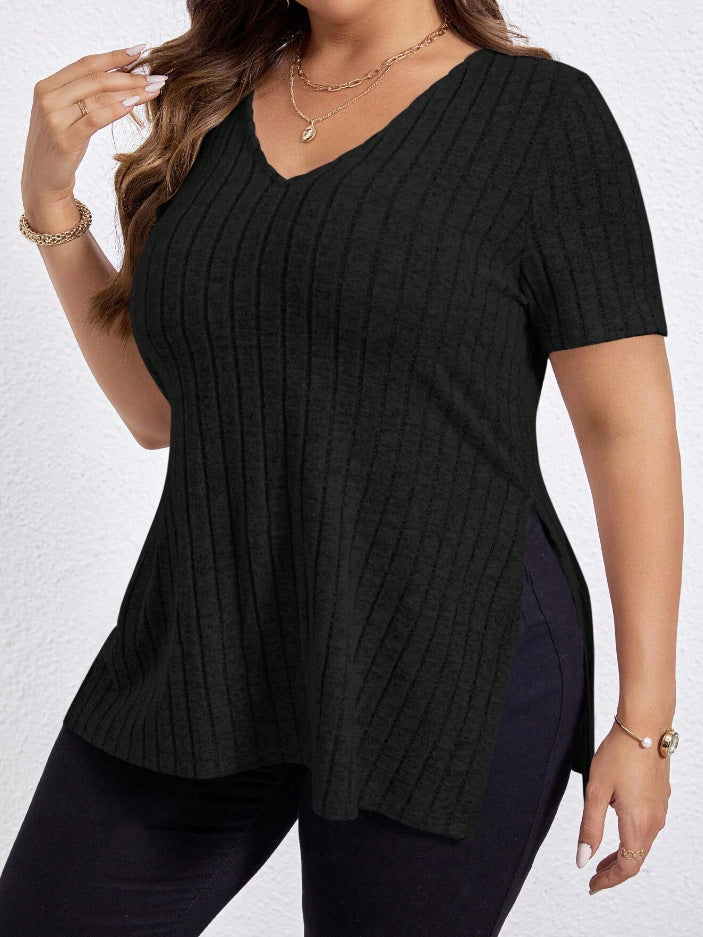 Solid Color Plus Size Top V-neck Short Sleeve Split Sunken Stripe - KuzuSHOP