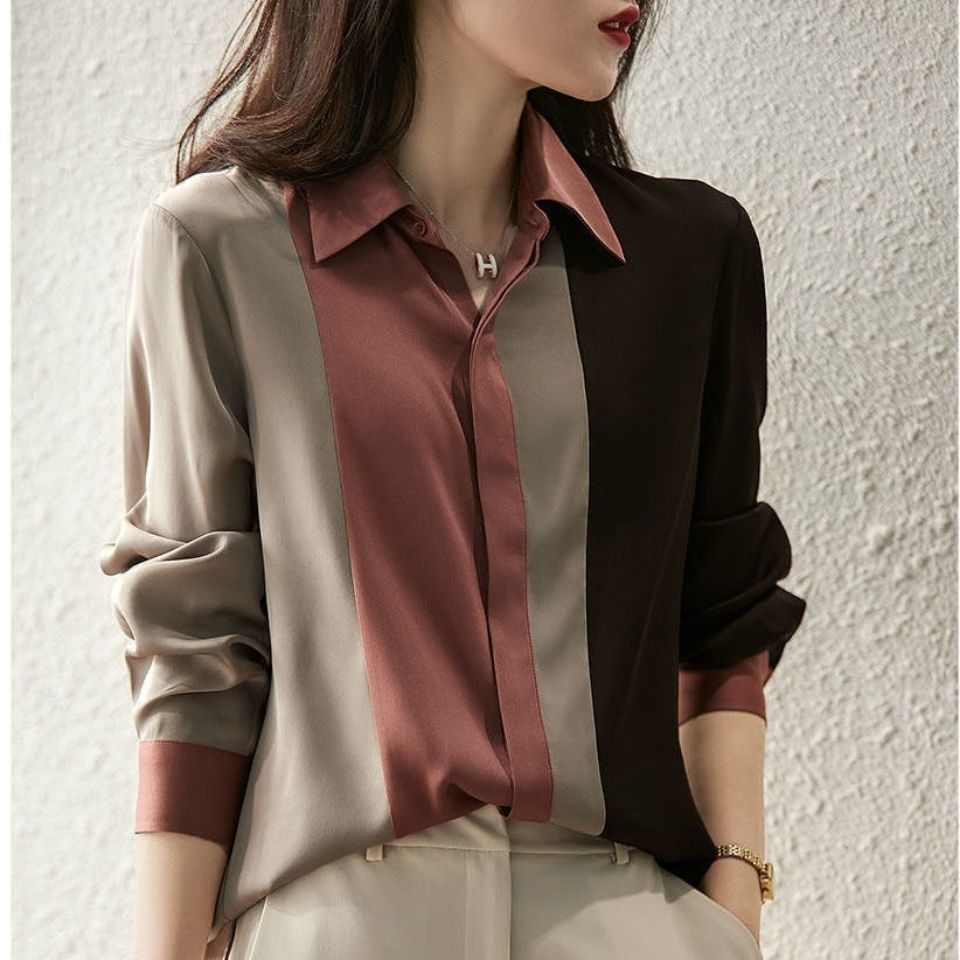 Color-blocking shirt long-sleeved women's autumn 2024 new shirt loose foreign style niche chiffon shirt professional wear top women - KuzuSHOP