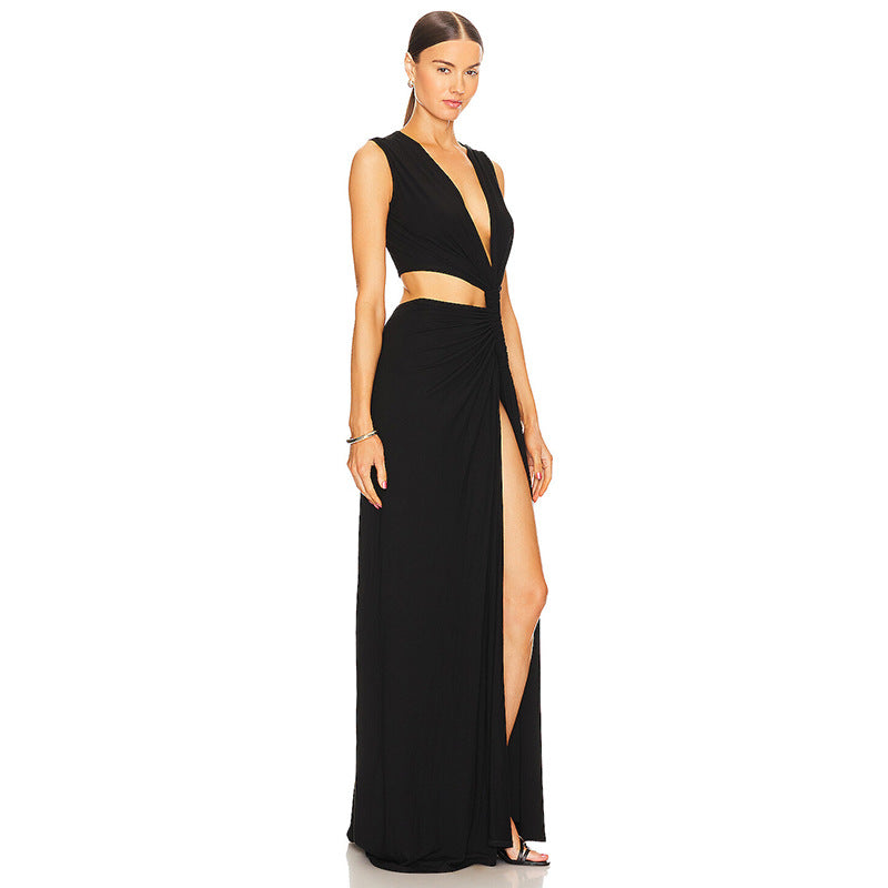 Women's Fashion Solid Color Deep V-neck Hollow-out Slim Length Dress - KuzuSHOP