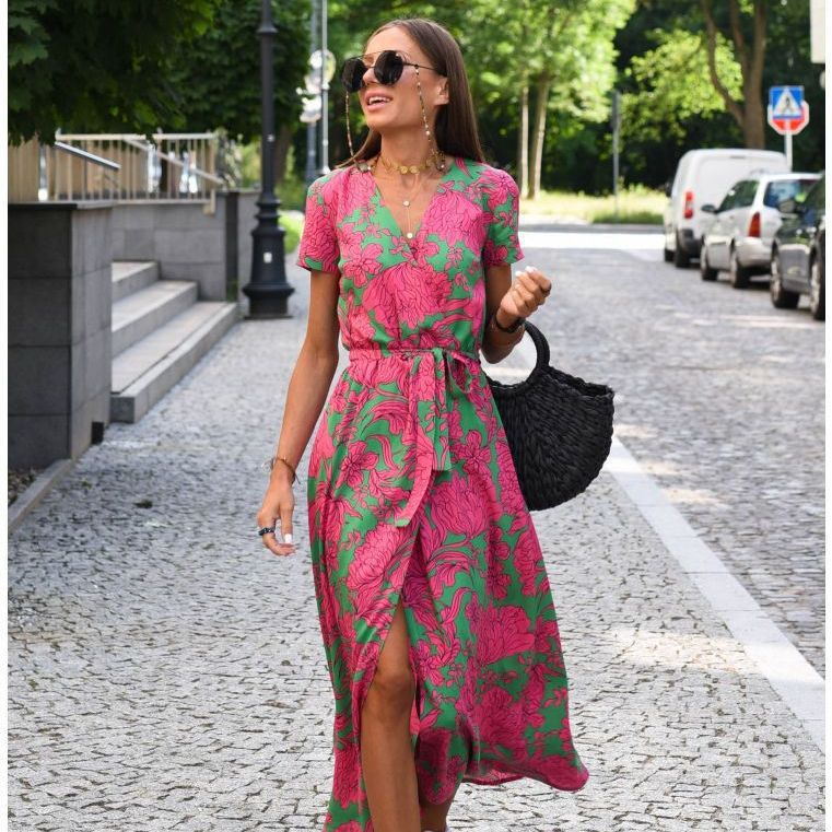 Women's summer v-neck print tie dress