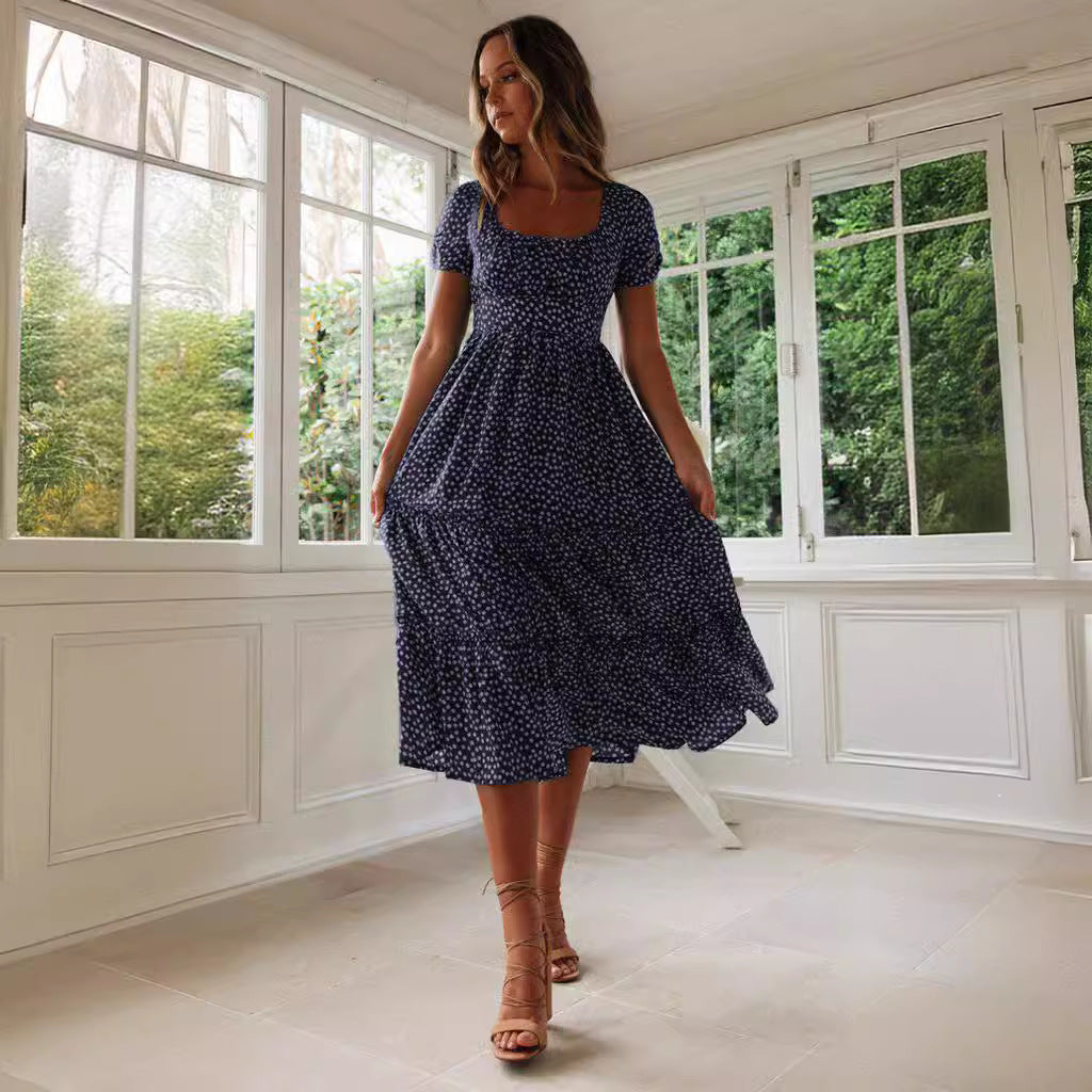 Square Collar Short Sleeve Dress Summer Puff Floral Printed Dress Long Dresses - KuzuSHOP