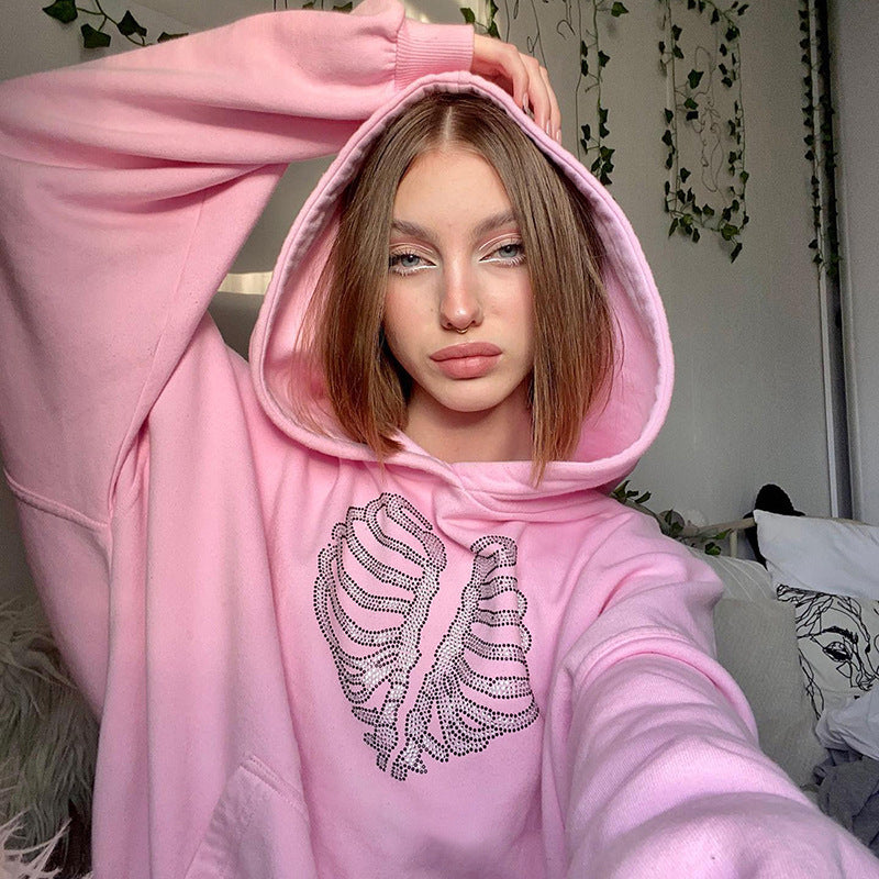 Trendy Skeleton Rhinestone Loose Hooded Sweater - KuzuSHOP