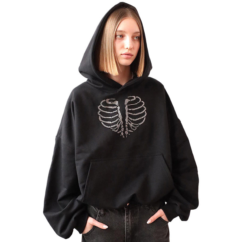 Trendy Skeleton Rhinestone Loose Hooded Sweater - KuzuSHOP
