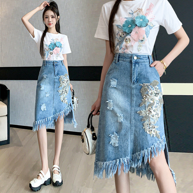 Ripped Flower Asymmetric Skirt Mid-length - KuzuSHOP