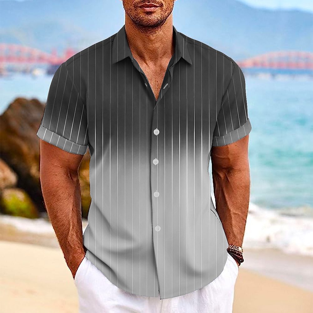 Lapel Button Short-sleeved Shirt Summer Fashion Gradient Striped Print Beach Shirt Leisure Tops Men's Clothing - KuzuSHOP