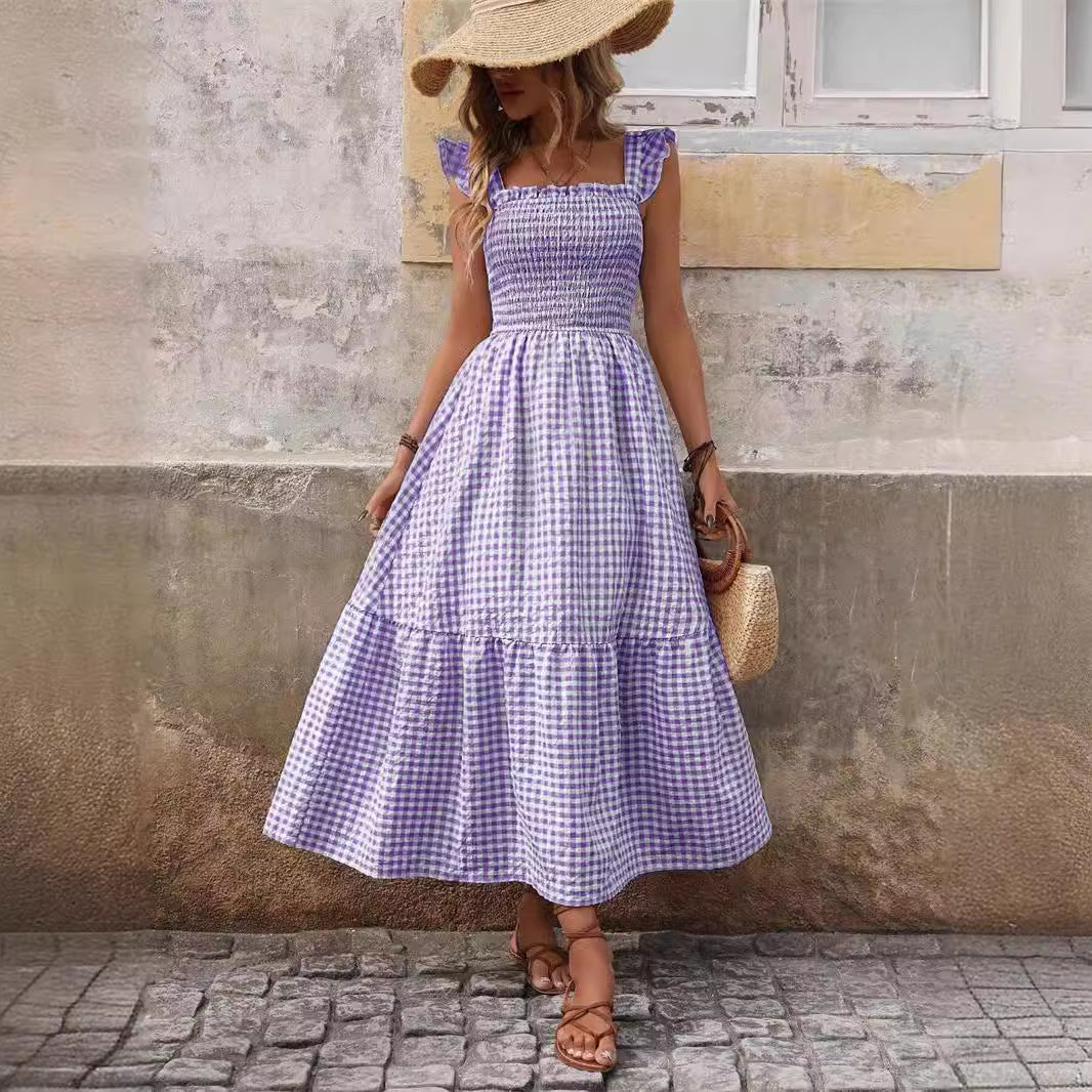 Women's Elastic Large Swing Plaid Dress - KuzuSHOP