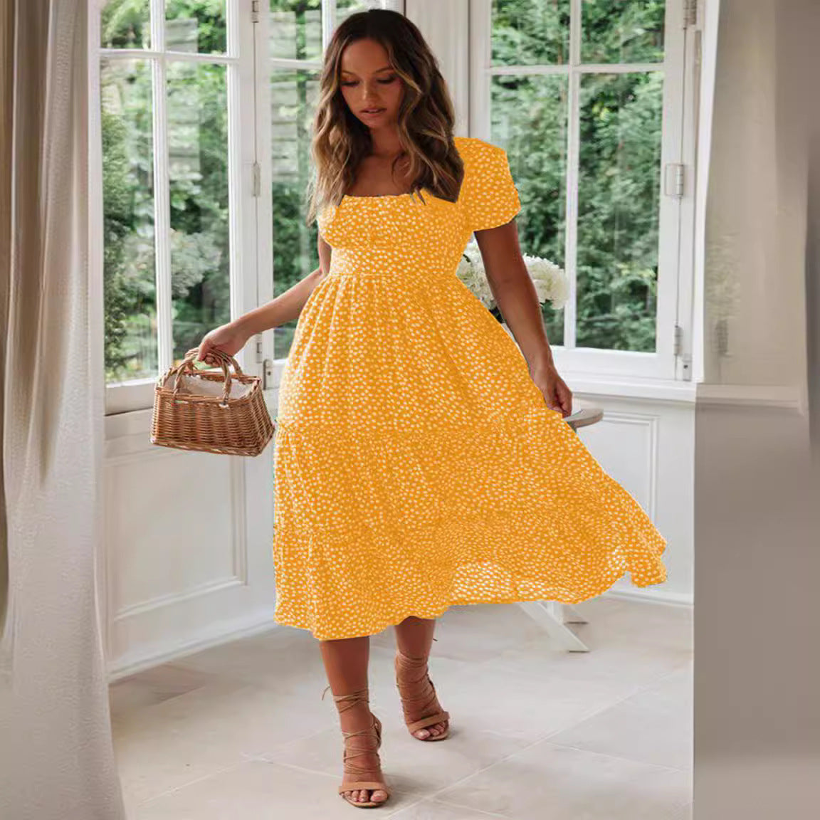Square Collar Short Sleeve Dress Summer Puff Floral Printed Dress Long Dresses - KuzuSHOP