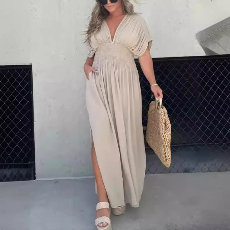 Fashion Bat-sleeved V-neck Slit Dress Summer Short Sleeve Elastic Waist Long Dresses Womens Clothing - KuzuSHOP