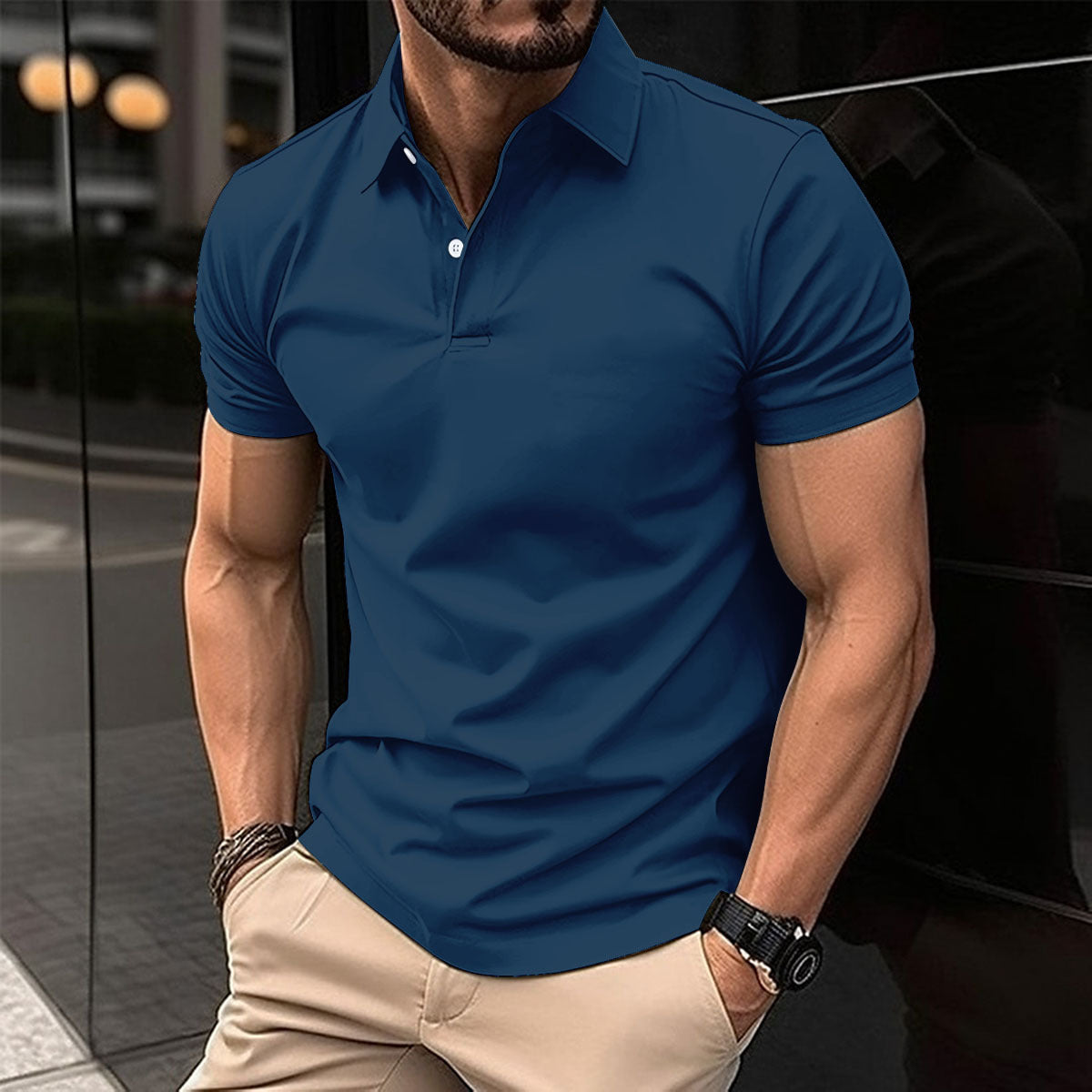 Summer Short Sleeve Polo Shirt Men Solid Color Button Lapel Button Top - KuzuSHOP