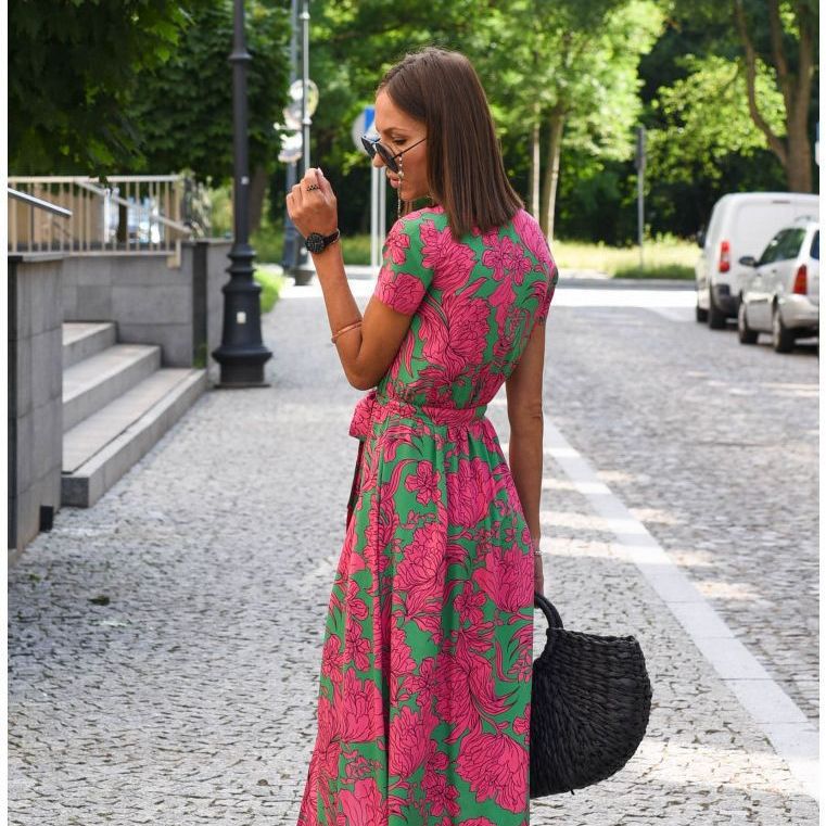 Women's summer v-neck print tie dress