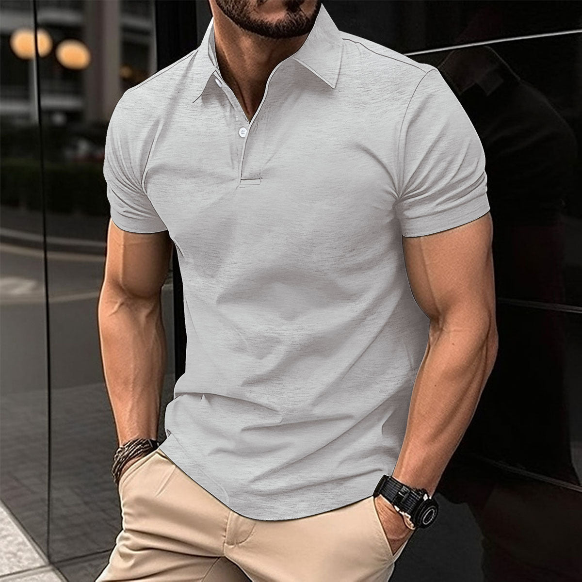 Summer Short Sleeve Polo Shirt Men Solid Color Button Lapel Button Top - KuzuSHOP
