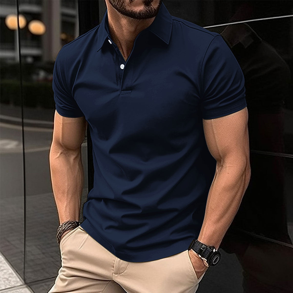 Summer Short Sleeve Polo Shirt Men Solid Color Button Lapel Button Top - KuzuSHOP