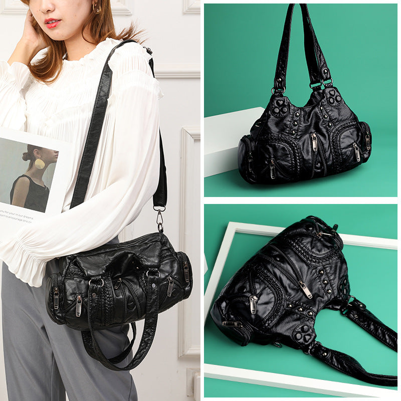 2021 real washed leather motorcycle bag fashion solid color women's one-shoulder handbag wholesale cross-border hot sale women's bag new - KuzuSHOP