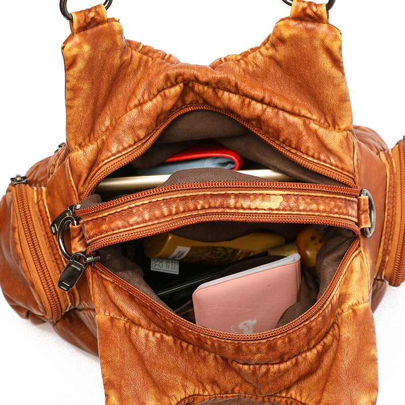 2021 real washed leather motorcycle bag fashion solid color women's one-shoulder handbag wholesale cross-border hot sale women's bag new - KuzuSHOP