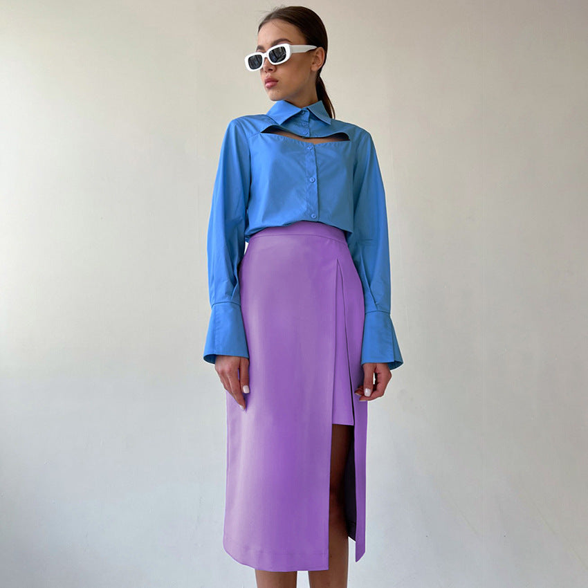 Stitching Wind Asymmetric Split Temperament Skirt - KuzuSHOP