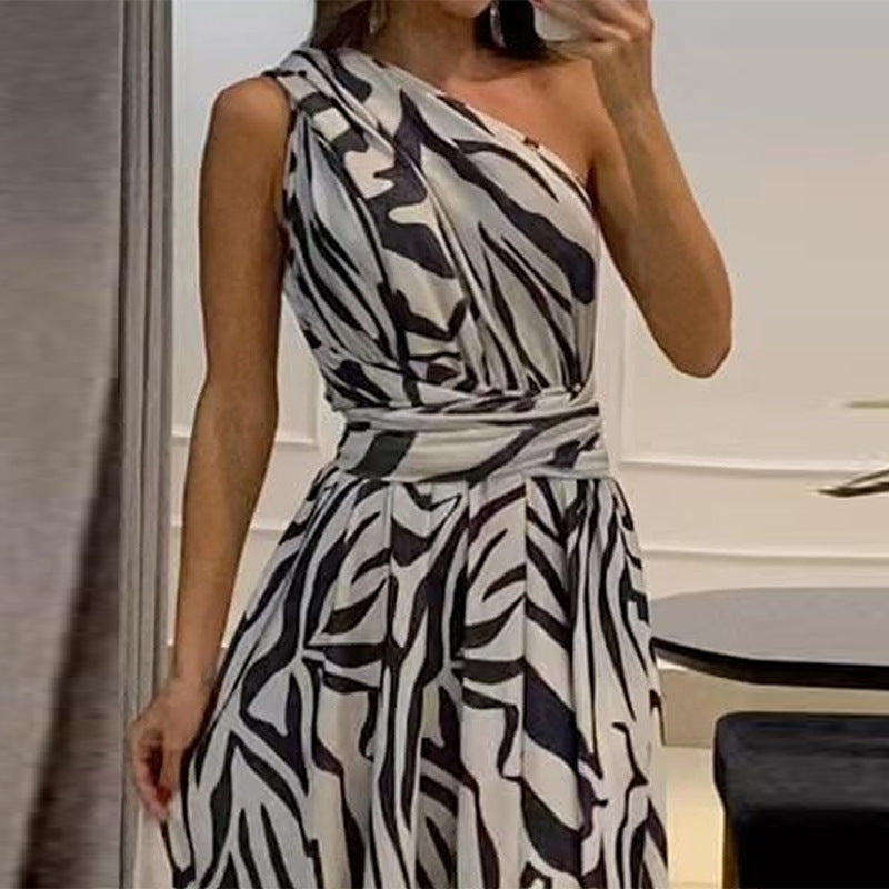 Women's Summer sexy open back one shoulder sleeveless printed long dress - KuzuSHOP
