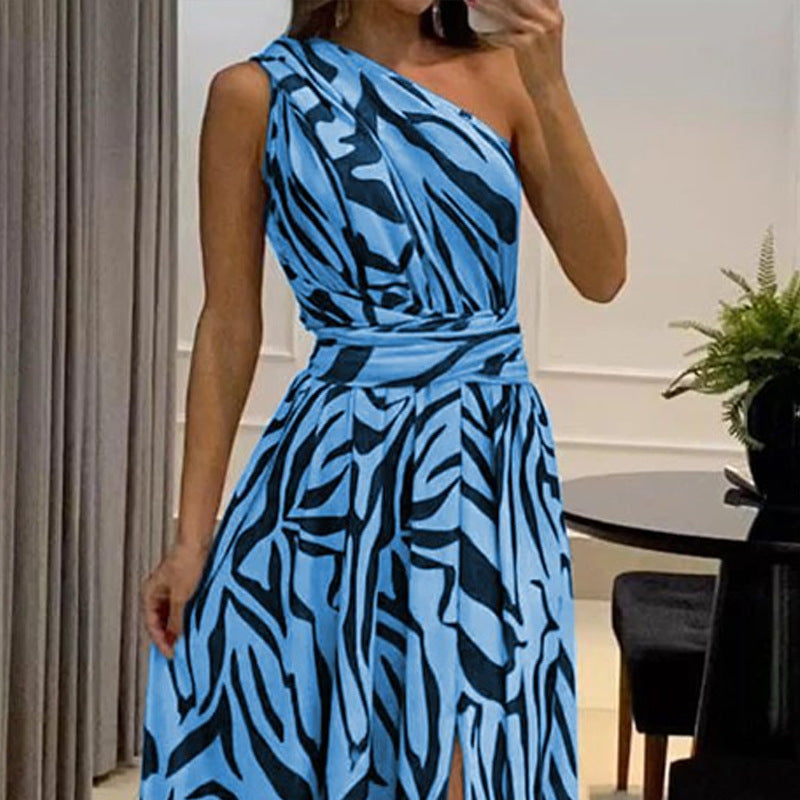 Women's Summer sexy open back one shoulder sleeveless printed long dress - KuzuSHOP