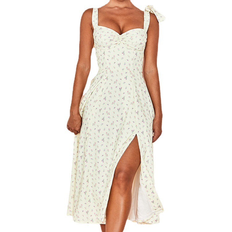 V-neck suspenders lace-up floral backless slit dress for women - KuzuSHOP