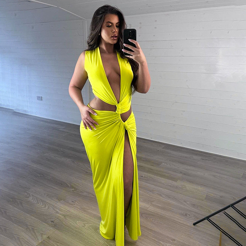 Women's Fashion Solid Color Deep V-neck Hollow-out Slim Length Dress - KuzuSHOP