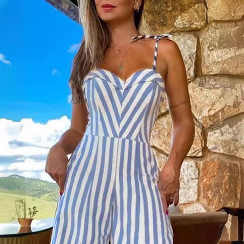 Women's Summer Lace-up Slit Striped Jumpsuit - KuzuSHOP