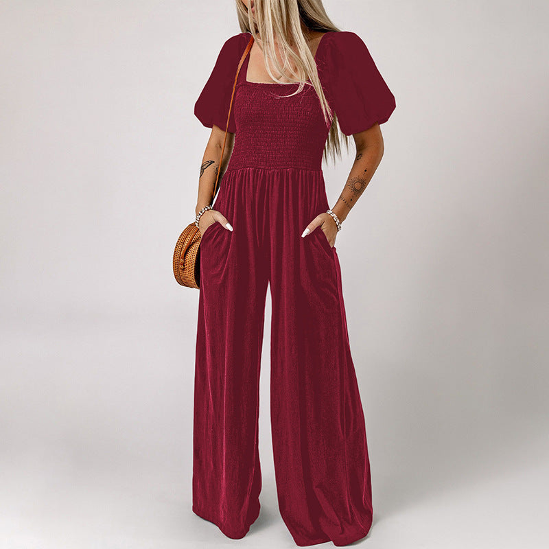 Women's Square Collar Short Sleeve Jumpsuit - KuzuSHOP