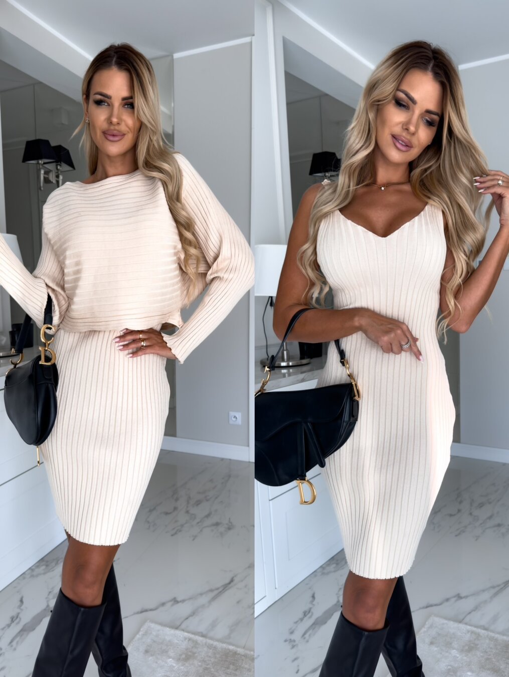 2pcs Suit Women's Solid Stripe Long-sleeved Top And Tight Suspender Skirt Fashion Autumn Winter Slim Clothing - KuzuSHOP
