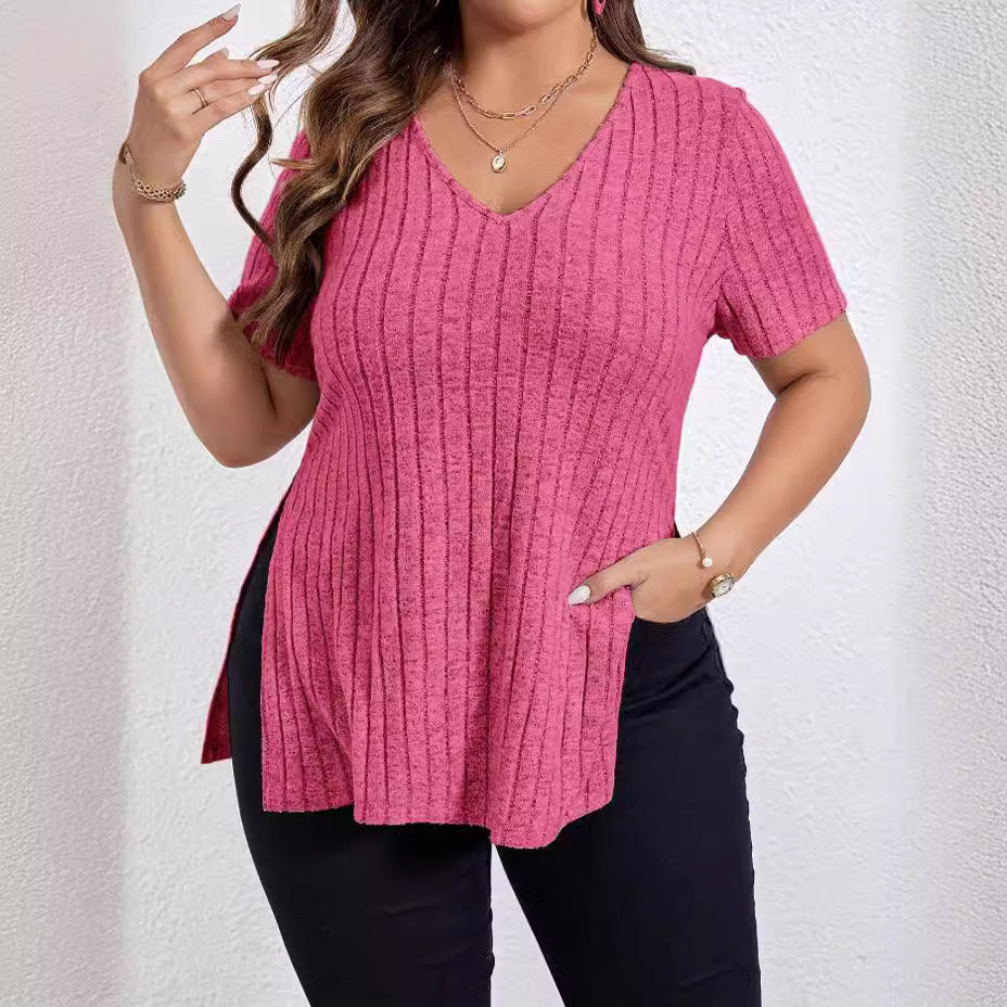 Solid Color Plus Size Top V-neck Short Sleeve Split Sunken Stripe - KuzuSHOP