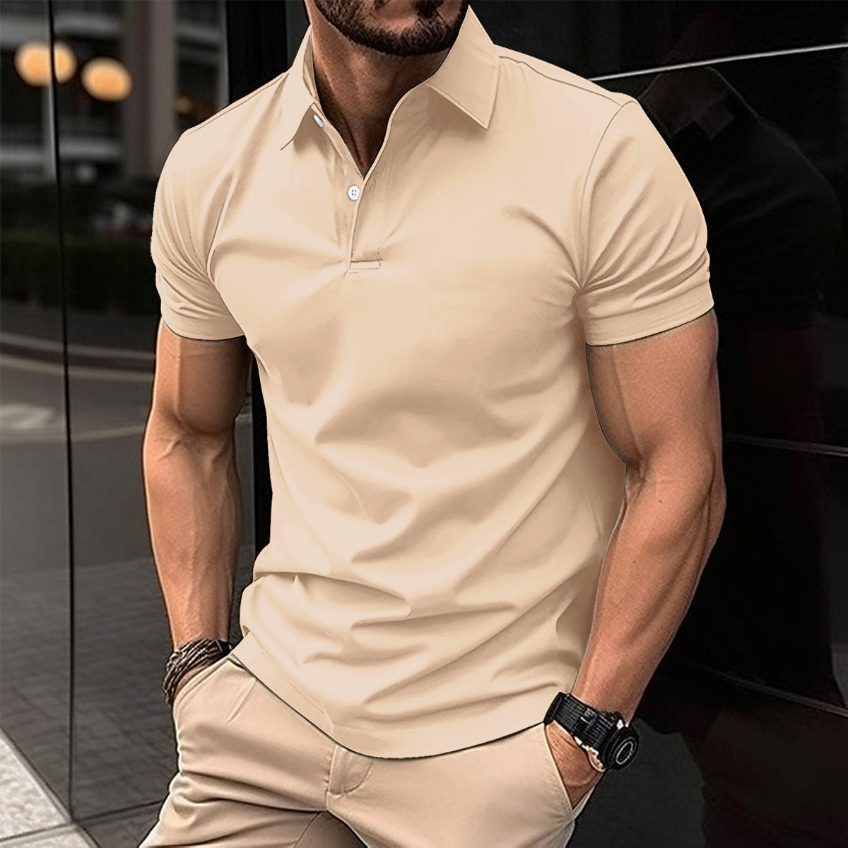 Summer Short Sleeve Polo Shirt Men Solid Color Button Lapel Button Top - KuzuSHOP