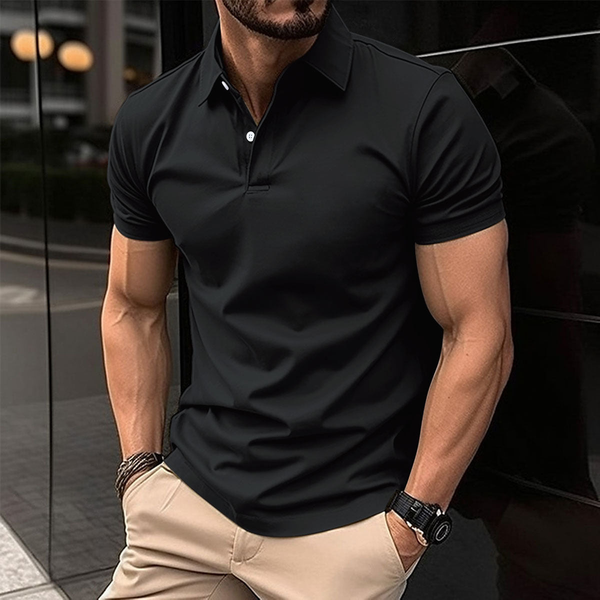 Summer Short Sleeve Polo Shirt Men Solid Color Button Lapel Button Top - KuzuSHOP