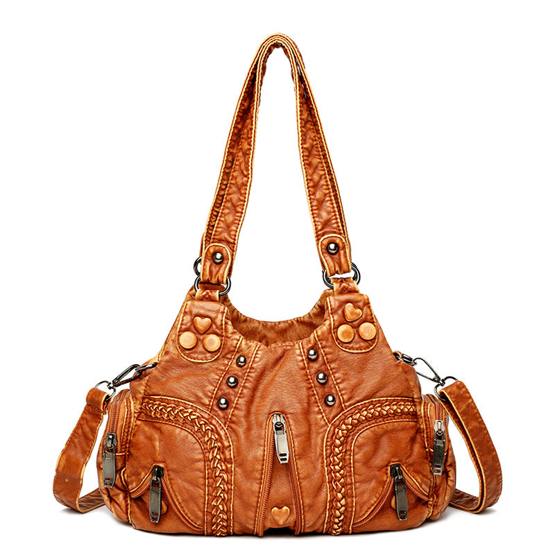 2021 real washed leather motorcycle bag fashion solid color women's one-shoulder handbag wholesale cross-border hot sale women's bag new - KuzuSHOP