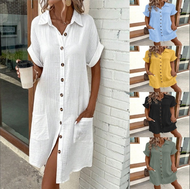 Summer Short Sleeve Shirt Dress Fashion Solid Color Single-breasted Mid-length Loose Dress - KuzuSHOP