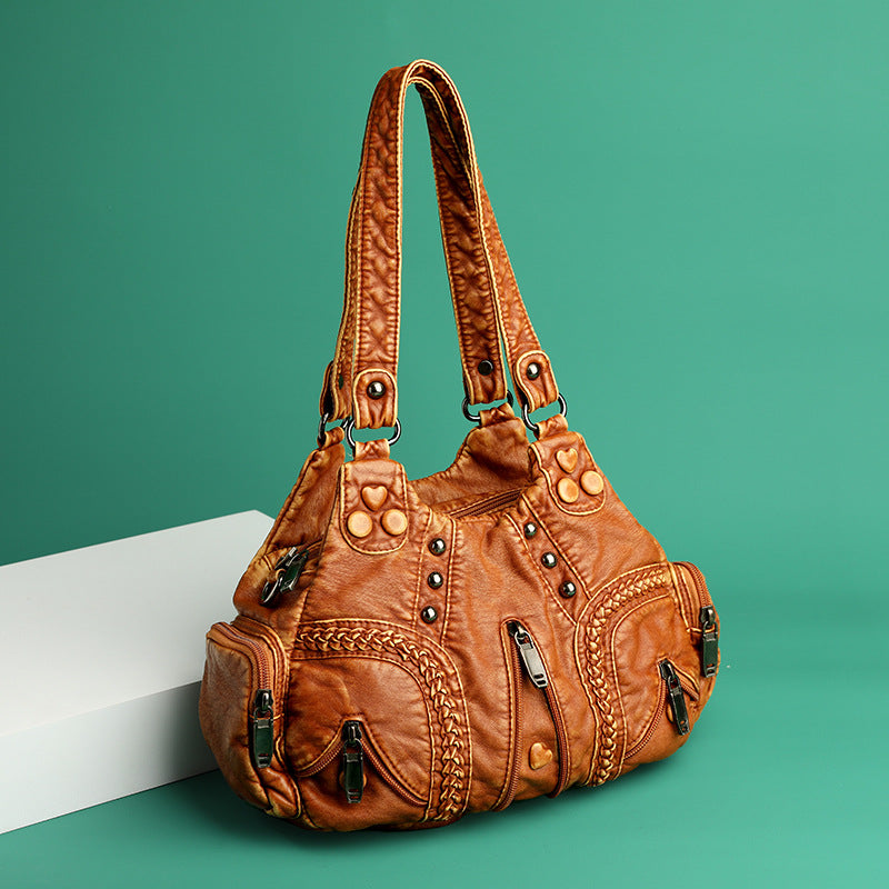 2021 real washed leather motorcycle bag fashion solid color women's one-shoulder handbag wholesale cross-border hot sale women's bag new - KuzuSHOP