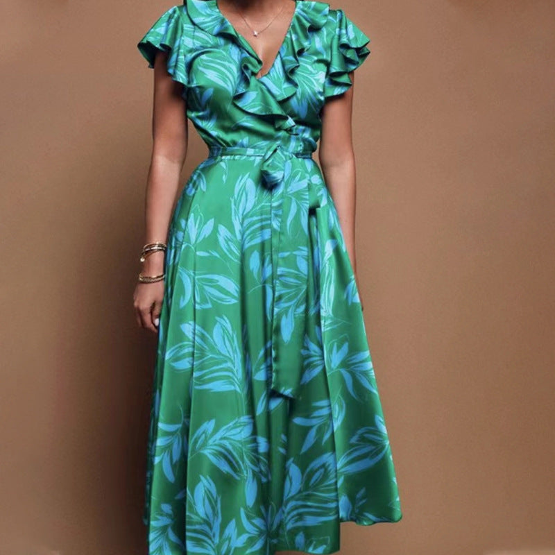 Puff Sleeve Leaves Waist-tight Split Dress - KuzuSHOP
