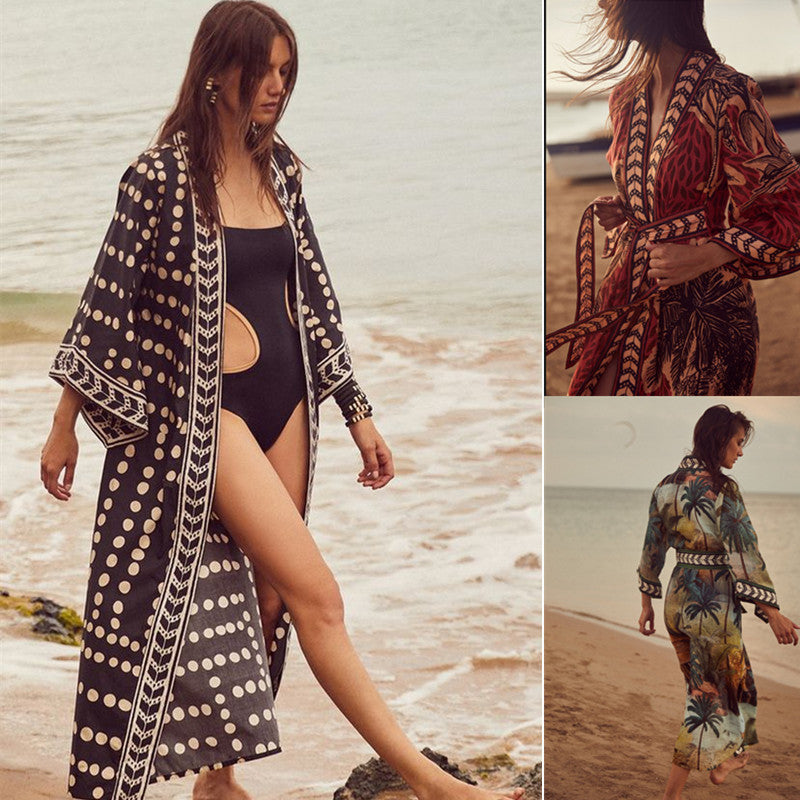 Beach Cardigan Long Sleeve Sun Protection Lace-up Printing Long Beach Wear Dress Leisure Fashion Loose Sexy Bikini Cover Up - KuzuSHOP