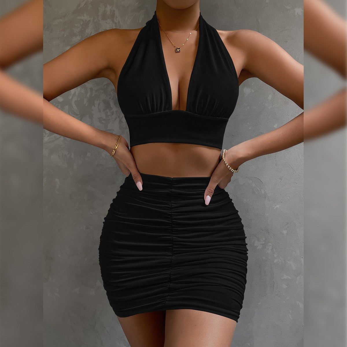 2pcs Dress Suits For Women Halter Lace-up Hip Top And Pleated Hip-covering Skirt - KuzuSHOP