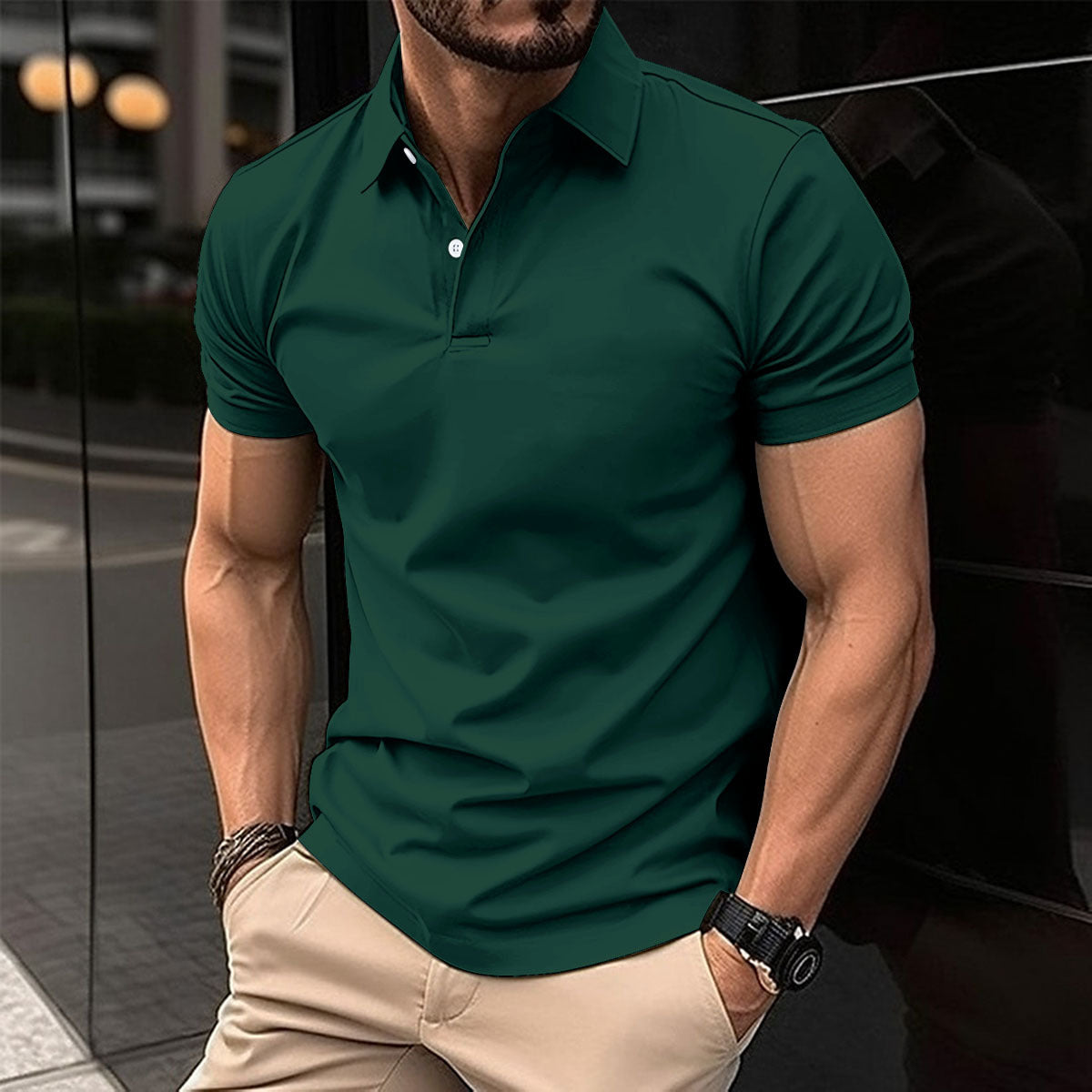 Summer Short Sleeve Polo Shirt Men Solid Color Button Lapel Button Top - KuzuSHOP