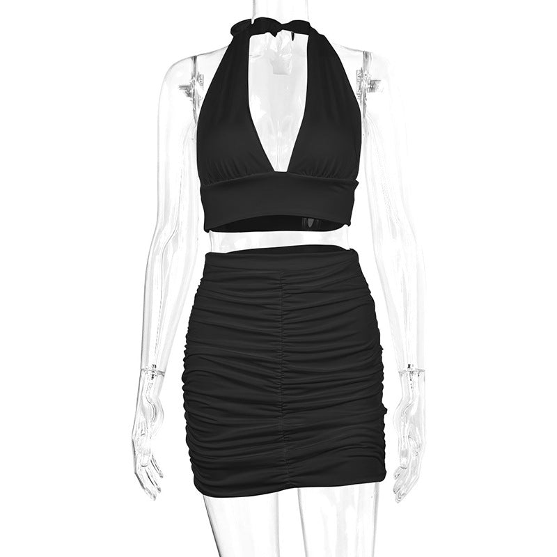 2pcs Dress Suits For Women Halter Lace-up Hip Top And Pleated Hip-covering Skirt - KuzuSHOP